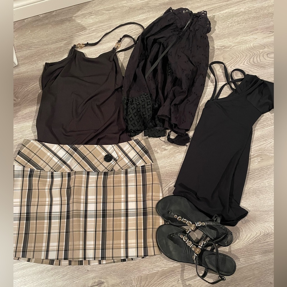 Le Chateau plaid skirt and black gem stone sandals, with 3 tops to match